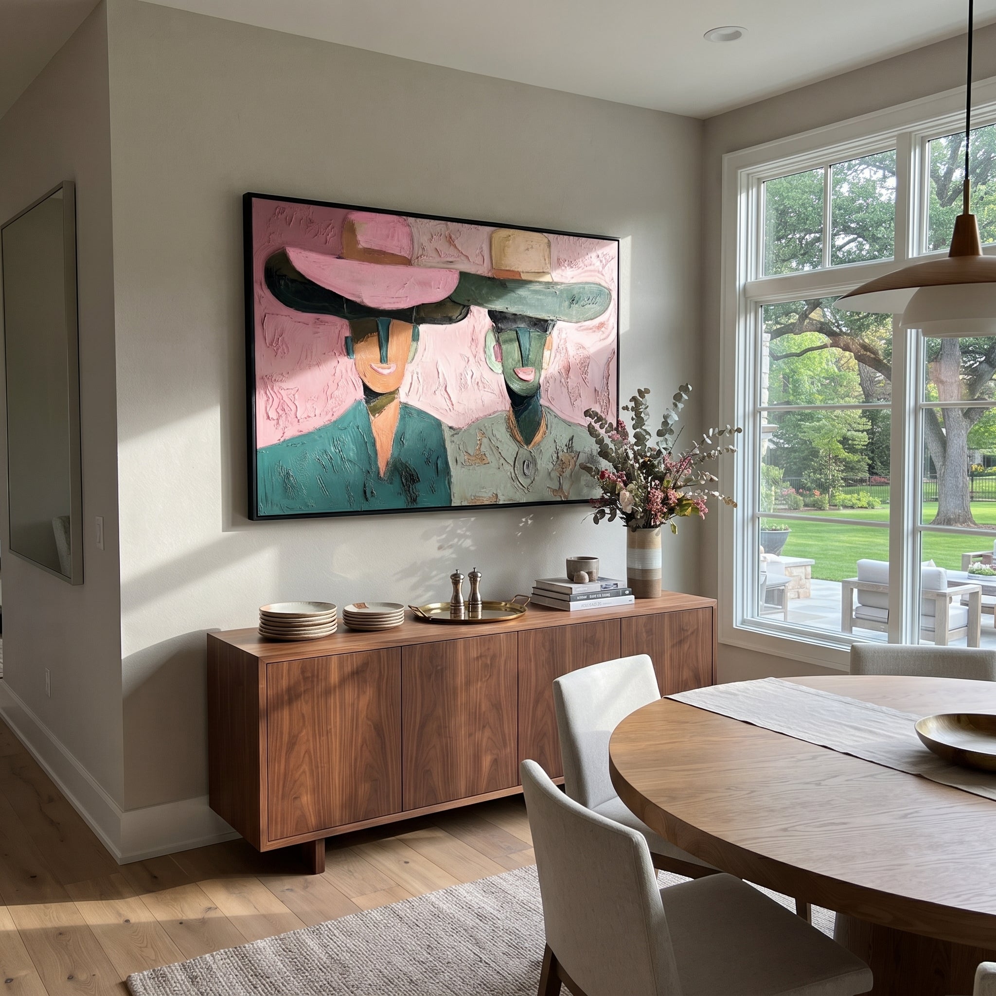 Pink Brims Frame Smiles - smiling hat figure pair painting by Elliot Vale, modern figurative horizontal wall art - styled room scene view 4