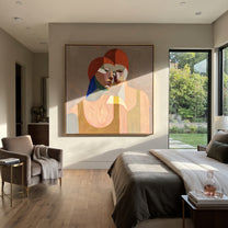Red Hair Turns Inward - cubist red hair portrait painting by Elliot Vale, modern figurative square wall art - styled room scene view 1