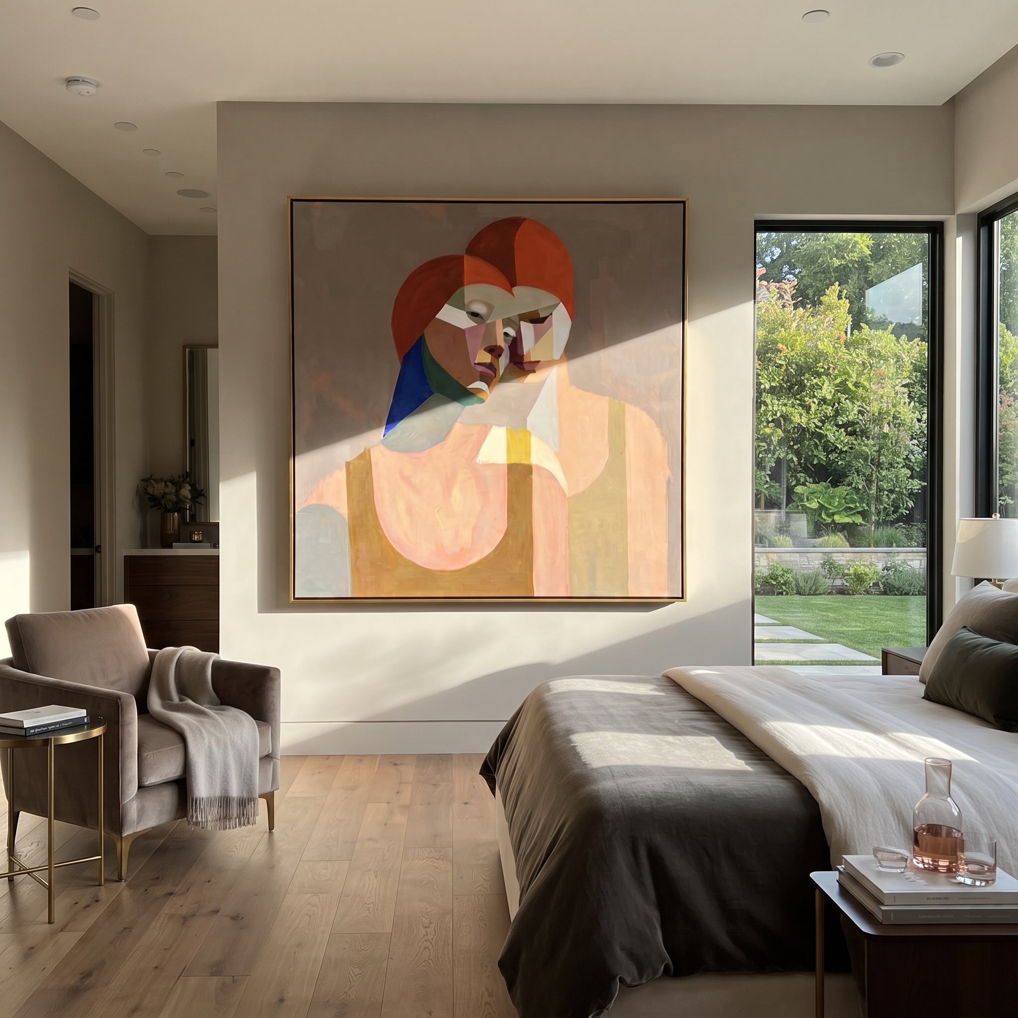 Red Hair Turns Inward - cubist red hair portrait painting by Elliot Vale, modern figurative square wall art - styled room scene view 1
