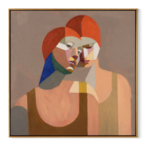 Red Hair Turns Inward - cubist red hair portrait painting by Elliot Vale, modern figurative square wall art - wood frame on white background