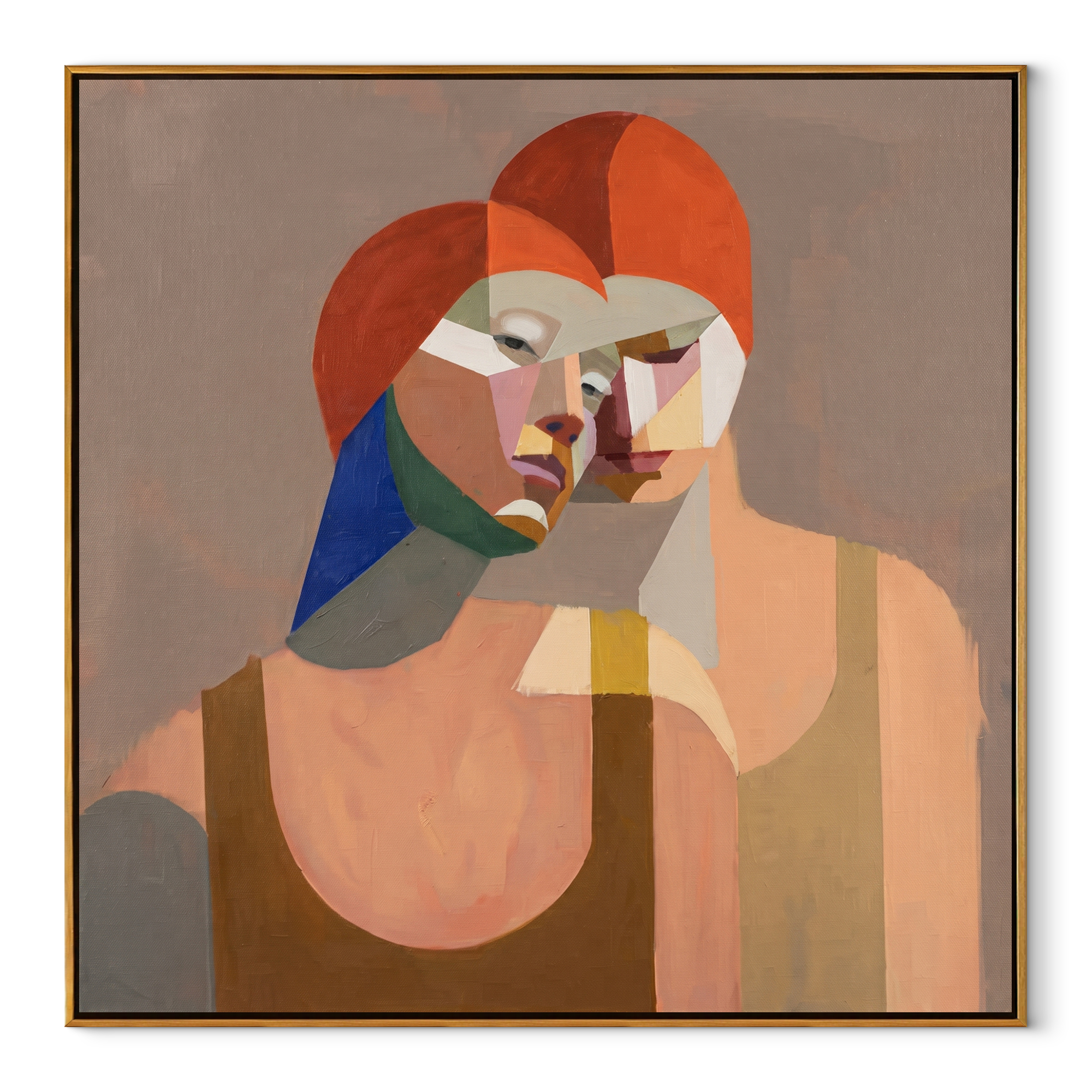 Red Hair Turns Inward - cubist red hair portrait painting by Elliot Vale, modern figurative square wall art - wood frame on white background