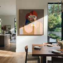 Red Hair Turns Inward - cubist red hair portrait painting by Elliot Vale, modern figurative square wall art - styled room scene view 2