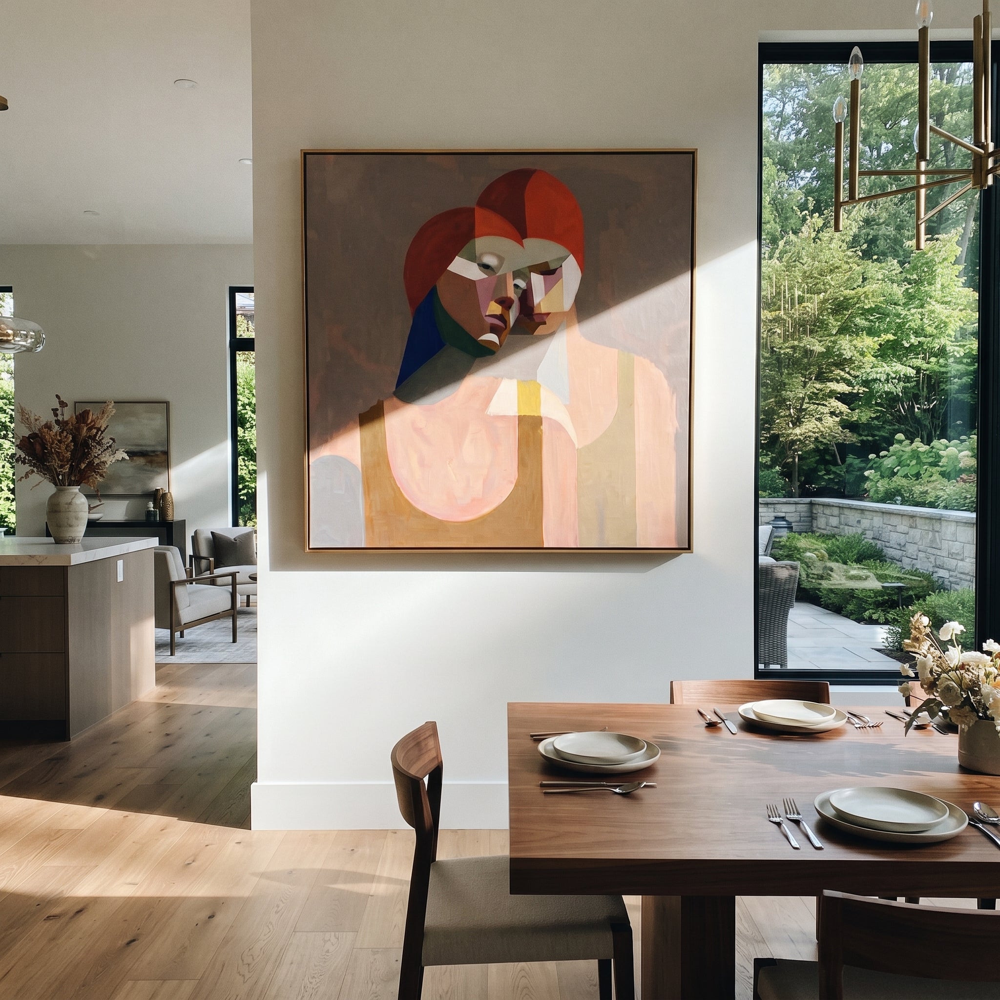 Red Hair Turns Inward - cubist red hair portrait painting by Elliot Vale, modern figurative square wall art - styled room scene view 2