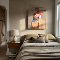 Red Hair Turns Inward - cubist red hair portrait painting by Elliot Vale, modern figurative square wall art - styled room scene view 3