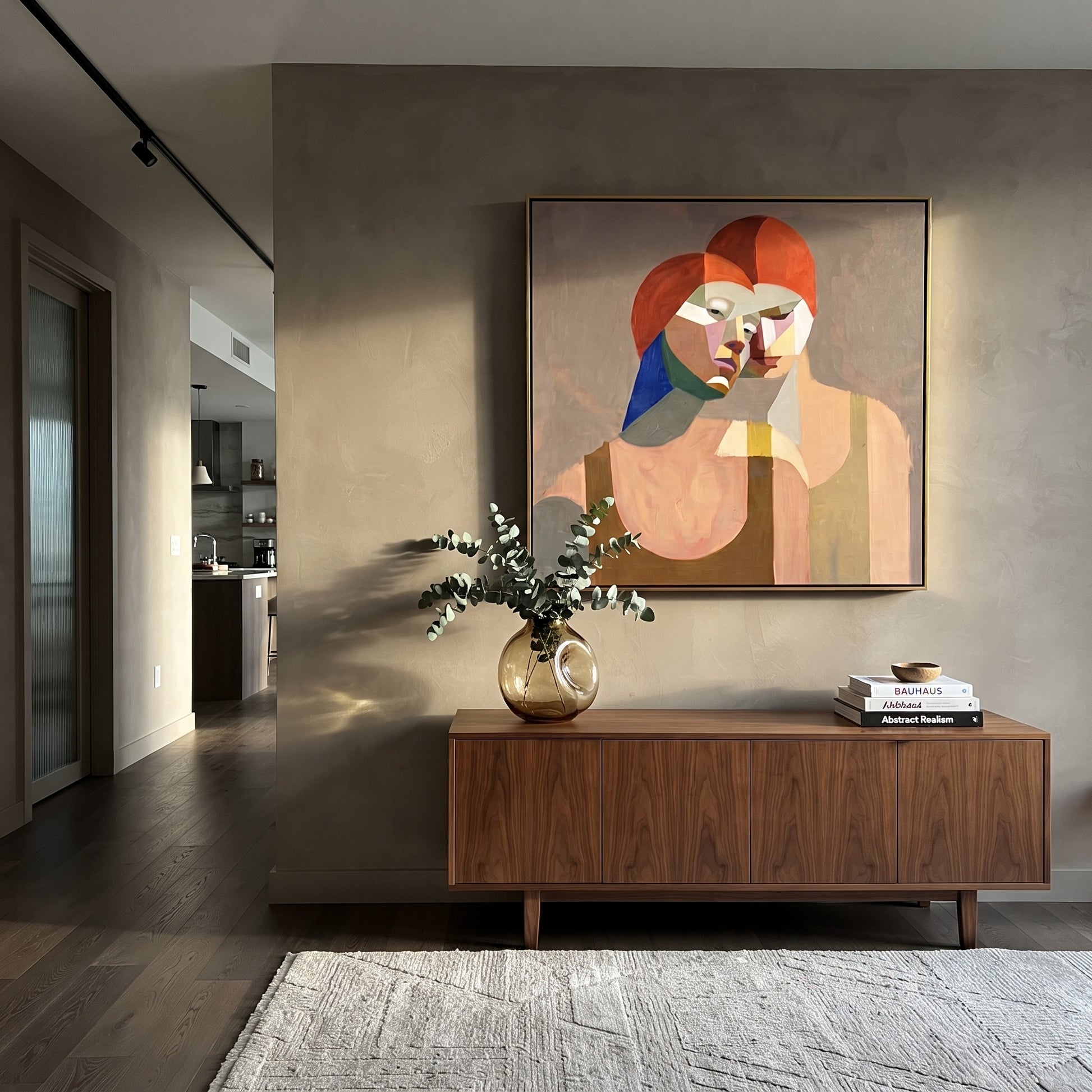 Red Hair Turns Inward - cubist red hair portrait painting by Elliot Vale, modern figurative square wall art - styled room scene view 4