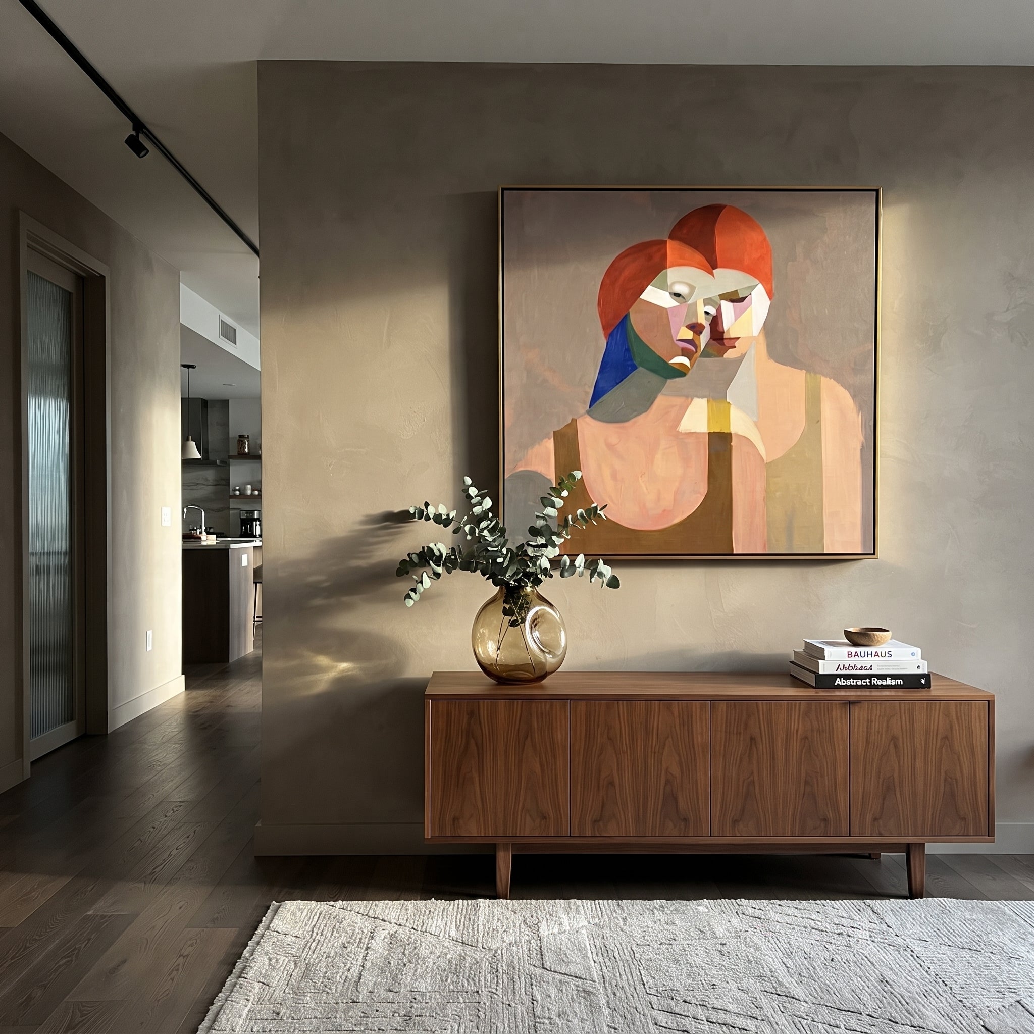 Red Hair Turns Inward - cubist red hair portrait painting by Elliot Vale, modern figurative square wall art - styled room scene view 4