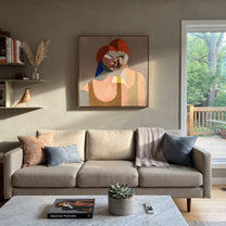Red Hair Turns Inward - cubist red hair portrait painting by Elliot Vale, modern figurative square wall art - styled room scene view 5