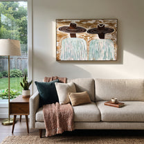 Brown Hats Cross Currents - wide hat figure pair painting by Elliot Vale, modern figurative horizontal wall art - styled room scene view 1