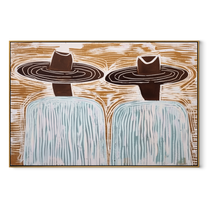 Brown Hats Cross Currents - wide hat figure pair painting by Elliot Vale, modern figurative horizontal wall art - wood frame on white background