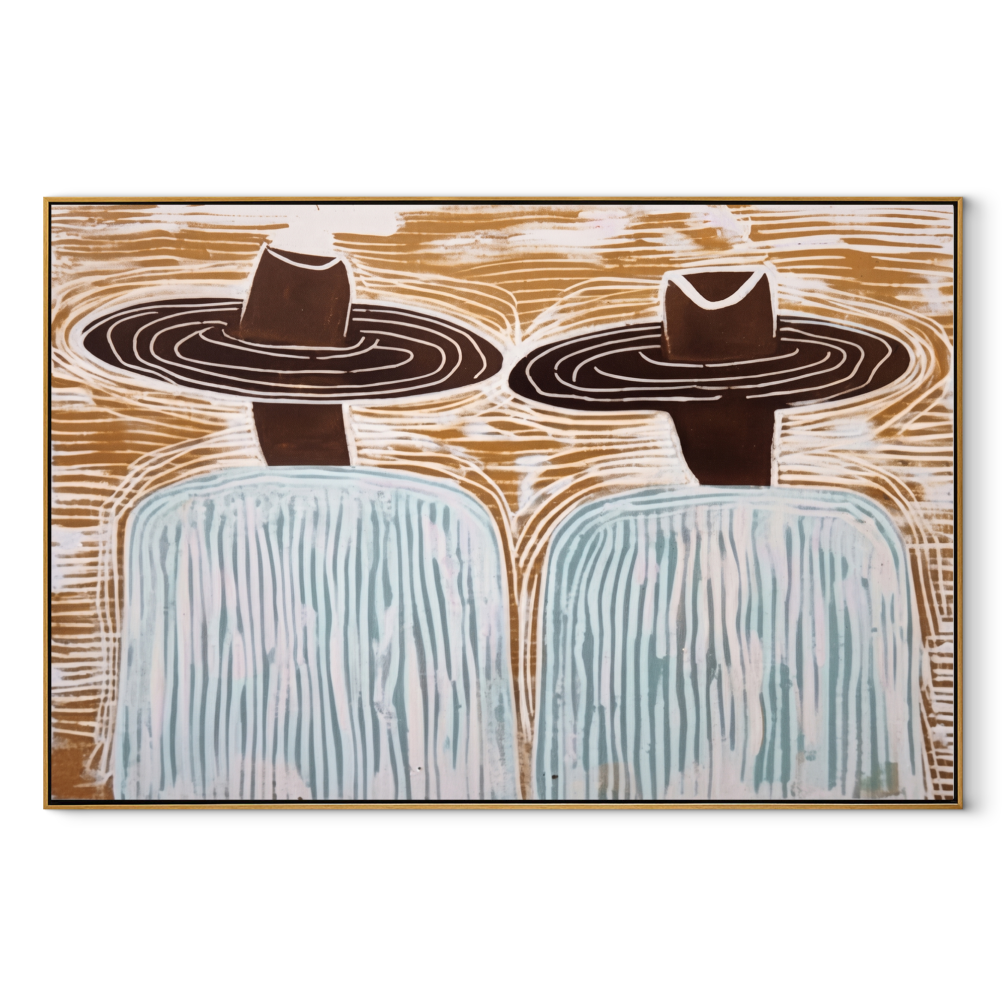 Brown Hats Cross Currents - wide hat figure pair painting by Elliot Vale, modern figurative horizontal wall art - wood frame on white background