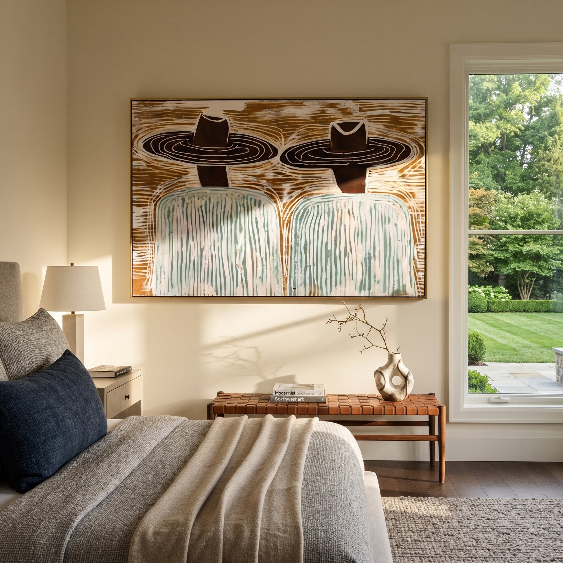 Brown Hats Cross Currents - wide hat figure pair painting by Elliot Vale, modern figurative horizontal wall art - styled room scene view 2