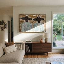 Brown Hats Cross Currents - wide hat figure pair painting by Elliot Vale, modern figurative horizontal wall art - styled room scene view 5