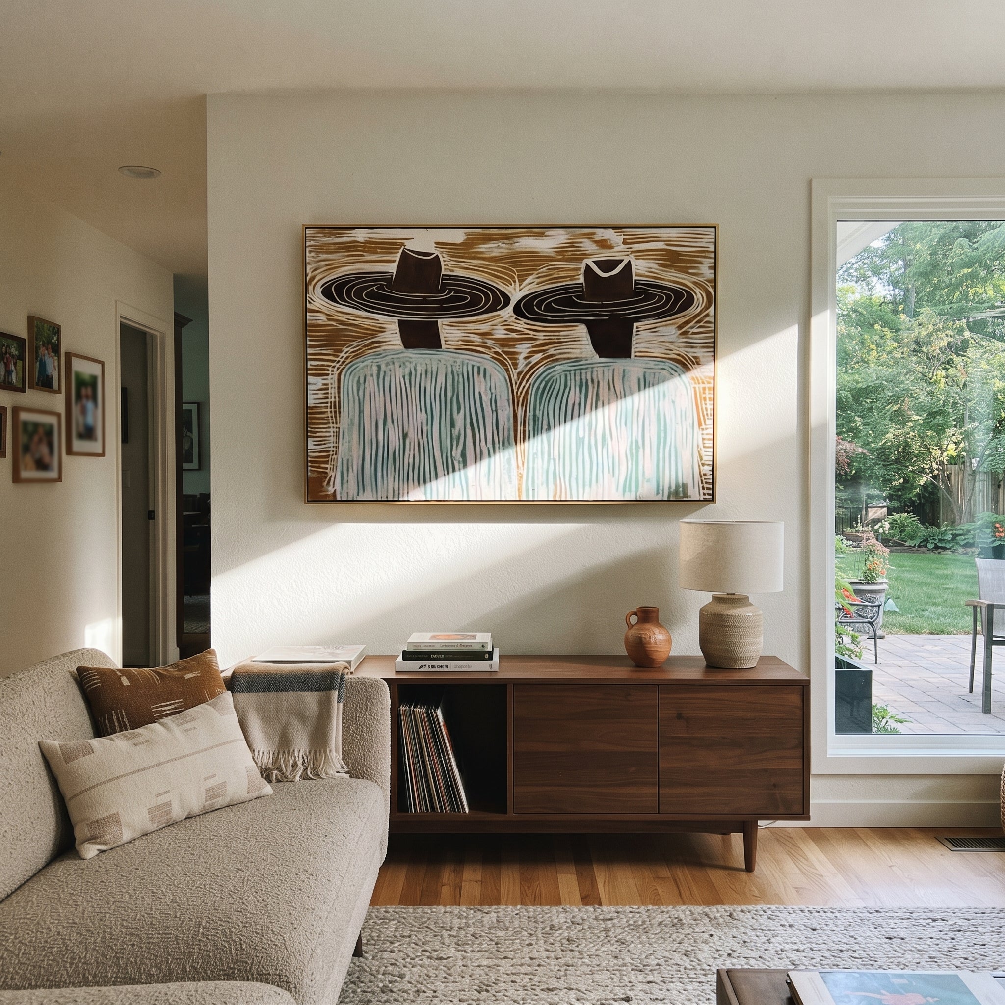 Brown Hats Cross Currents - wide hat figure pair painting by Elliot Vale, modern figurative horizontal wall art - styled room scene view 5