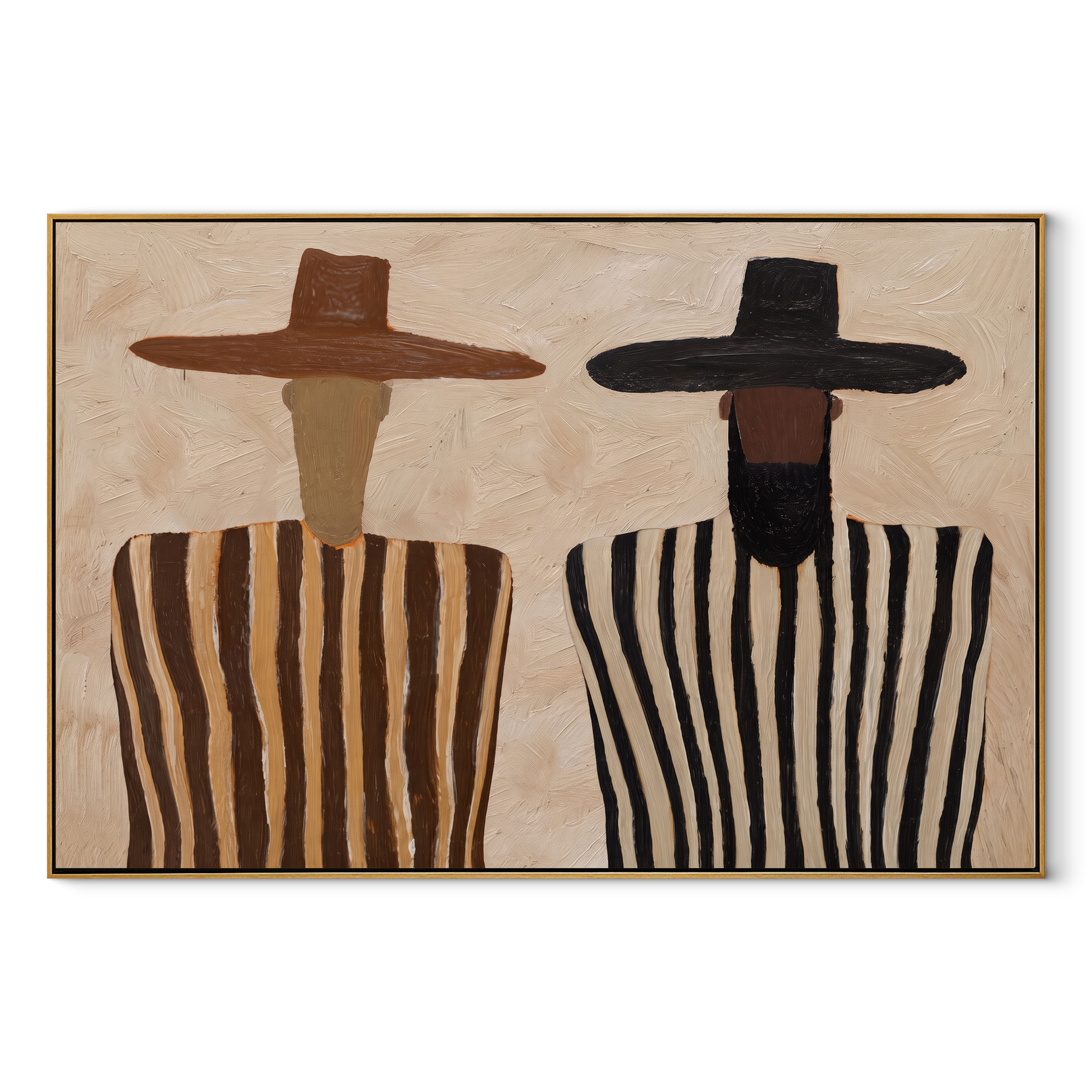 Brown Brims Guard Stripes - bearded striped figure pair painting by Elliot Vale, modern figurative horizontal wall art - wood frame on white background