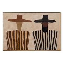 Brown Brims Guard Stripes - bearded striped figure pair painting by Elliot Vale, modern figurative horizontal wall art - wood frame on white background