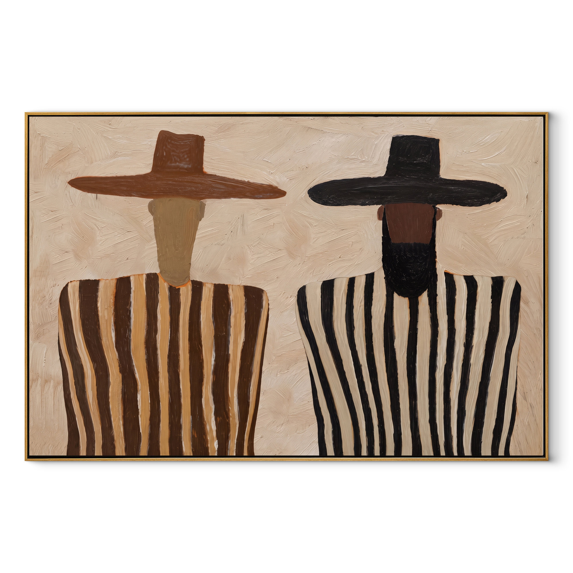 Brown Brims Guard Stripes - bearded striped figure pair painting by Elliot Vale, modern figurative horizontal wall art - wood frame on white background