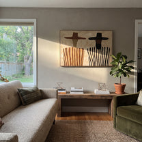 Brown Brims Guard Stripes - bearded striped figure pair painting by Elliot Vale, modern figurative horizontal wall art - styled room scene view 2