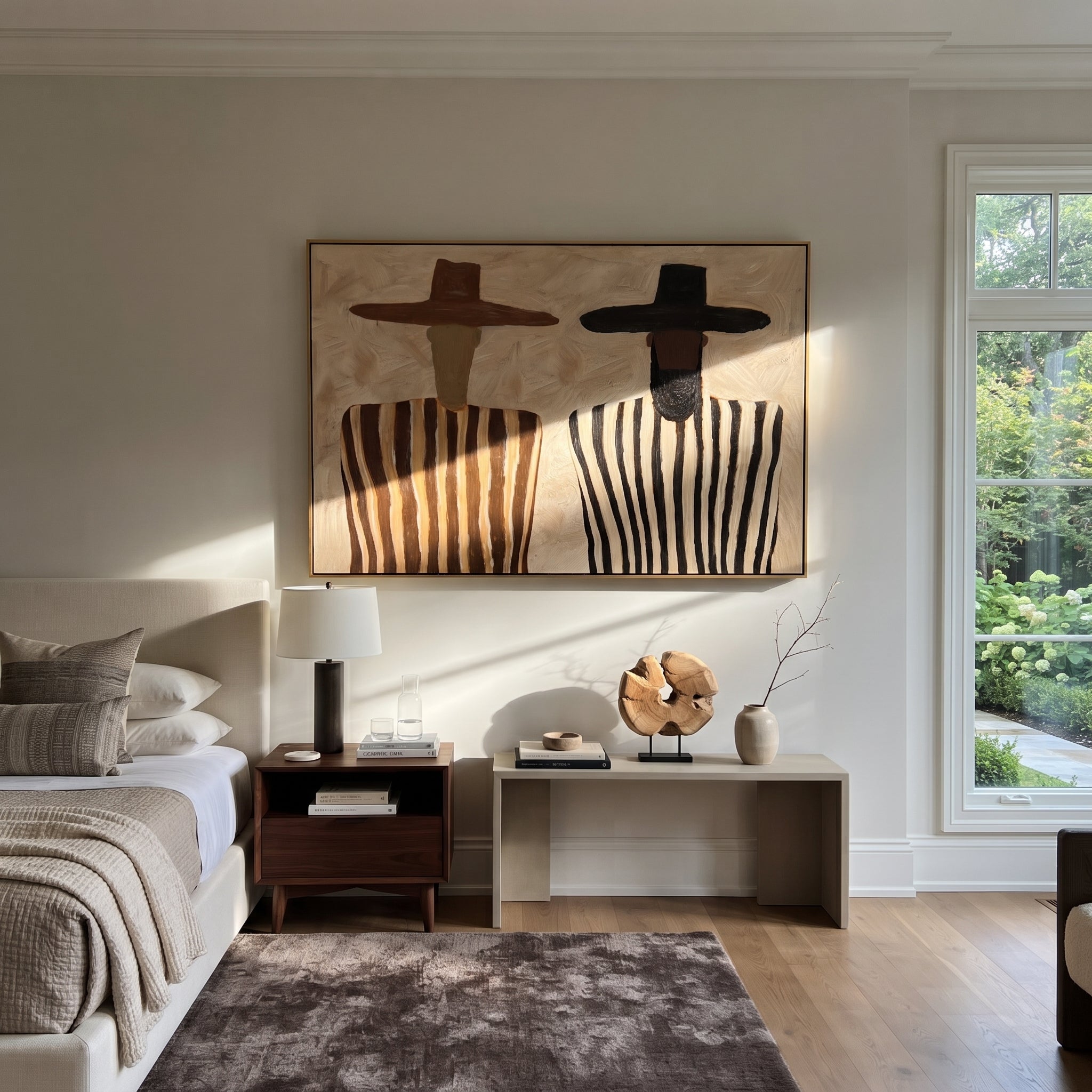 Brown Brims Guard Stripes - bearded striped figure pair painting by Elliot Vale, modern figurative horizontal wall art - styled room scene view 3