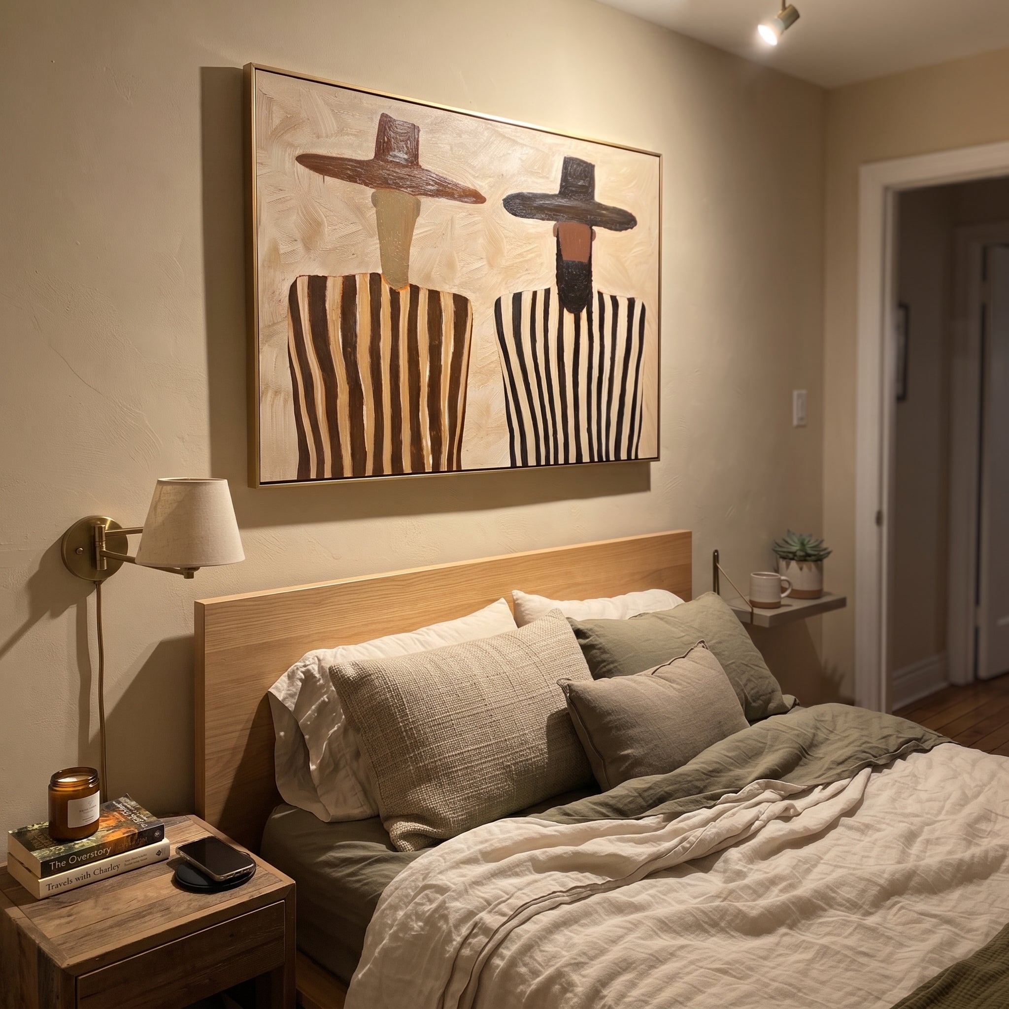 Brown Brims Guard Stripes - bearded striped figure pair painting by Elliot Vale, modern figurative horizontal wall art - styled room scene view 4
