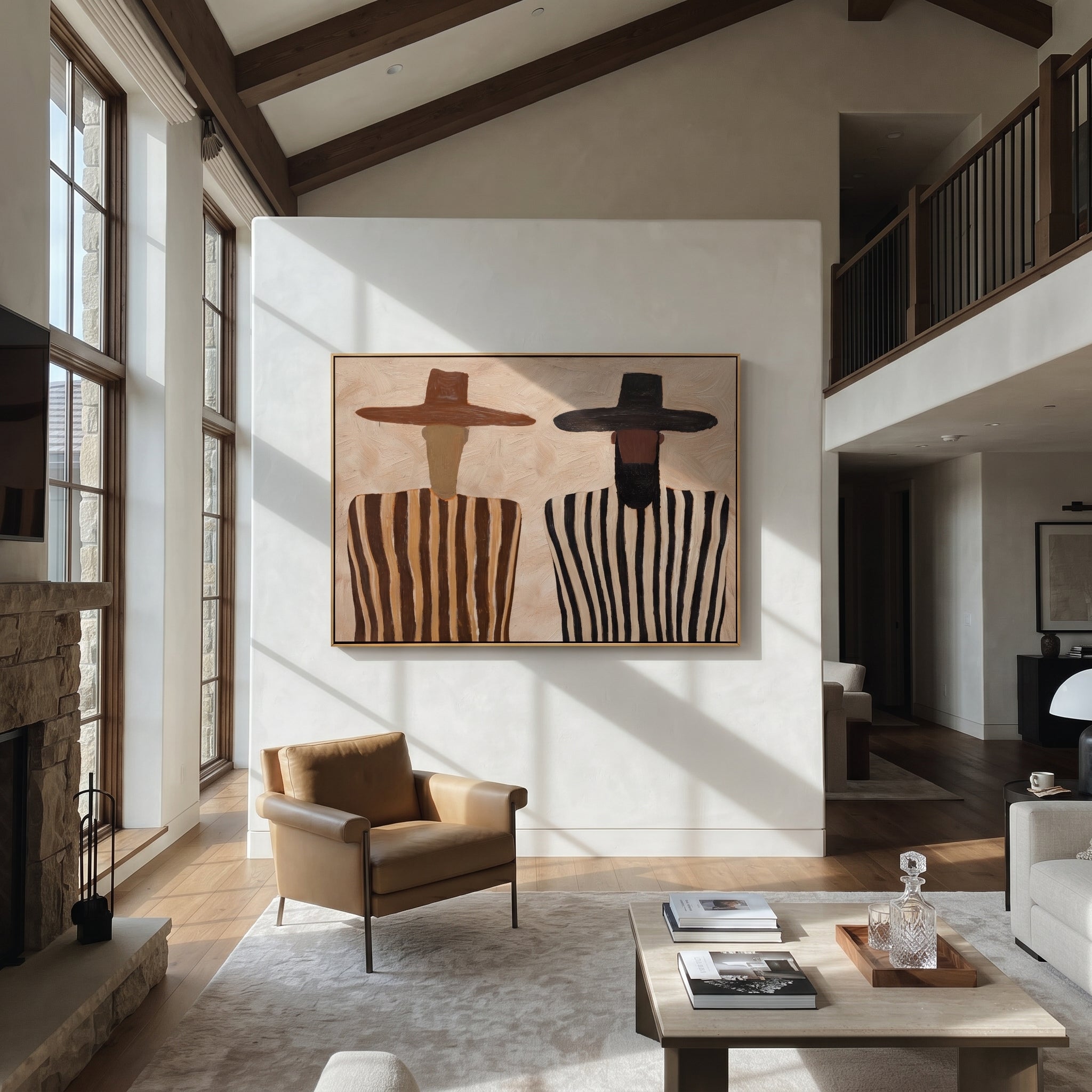 Brown Brims Guard Stripes - bearded striped figure pair painting by Elliot Vale, modern figurative horizontal wall art - styled room scene view 5