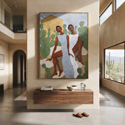White Dresses Meet Cactus - cactus garden women painting by Elliot Vale, modern figurative vertical wall art - styled room scene view 1