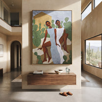 White Dresses Meet Cactus - cactus garden women painting by Elliot Vale, modern figurative vertical wall art - styled room scene view 1