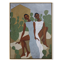 White Dresses Meet Cactus - cactus garden women painting by Elliot Vale, modern figurative vertical wall art - wood frame on white background