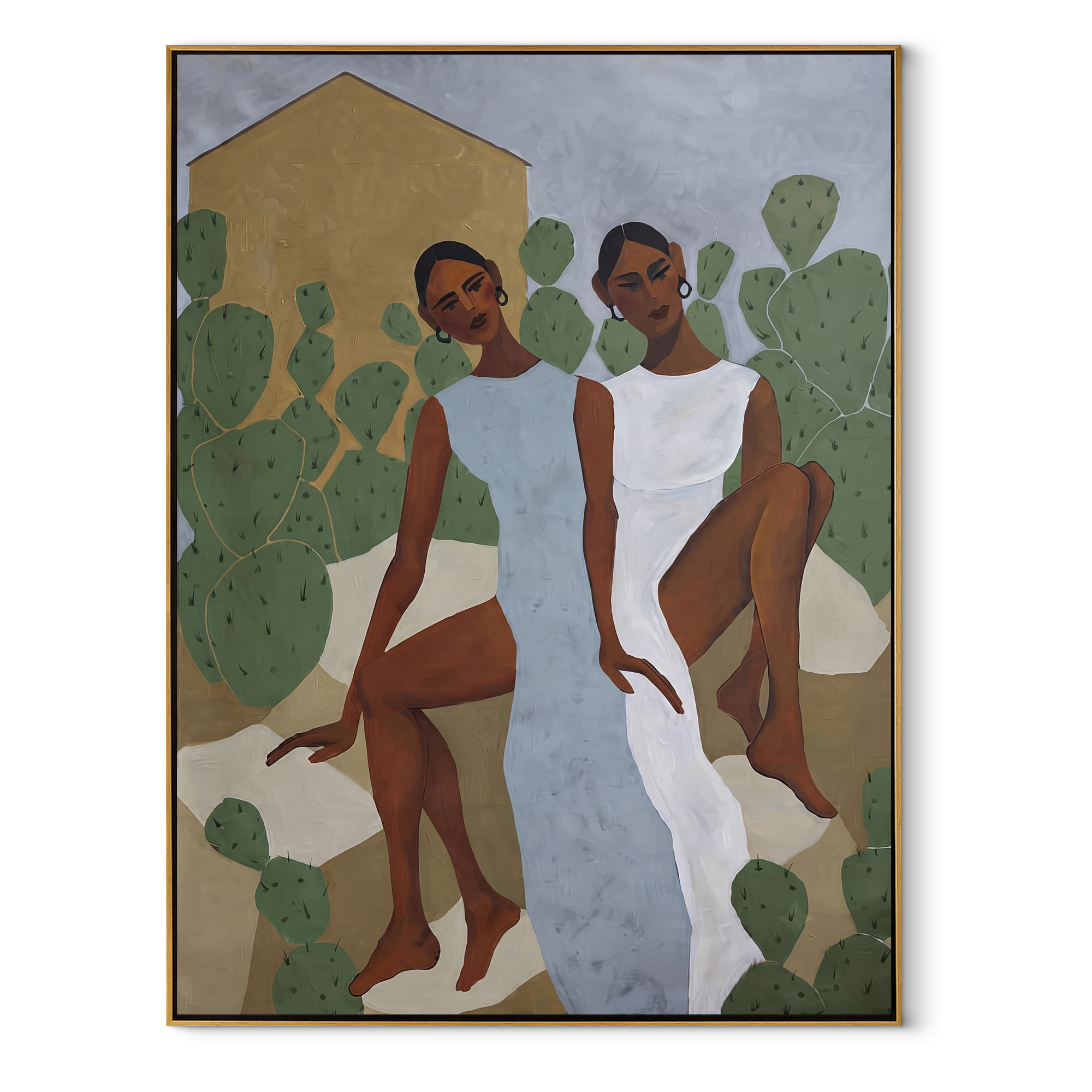 White Dresses Meet Cactus - cactus garden women painting by Elliot Vale, modern figurative vertical wall art - wood frame on white background