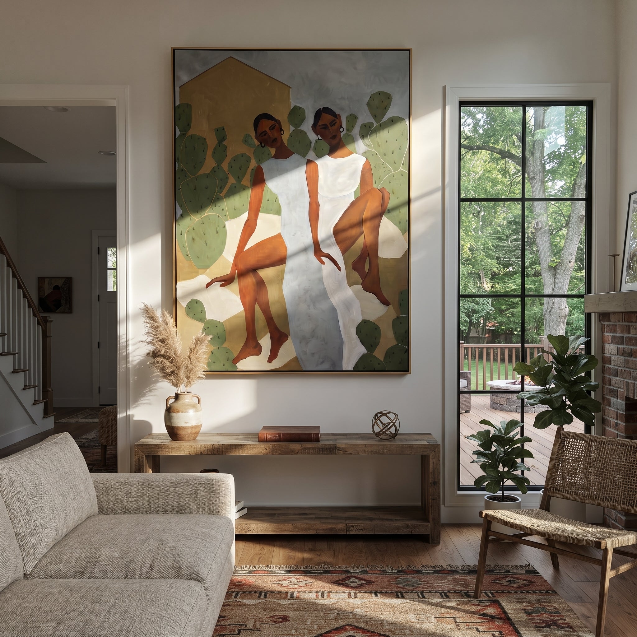 White Dresses Meet Cactus - cactus garden women painting by Elliot Vale, modern figurative vertical wall art - styled room scene view 2