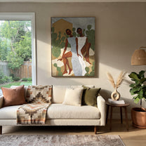 White Dresses Meet Cactus - cactus garden women painting by Elliot Vale, modern figurative vertical wall art - styled room scene view 3