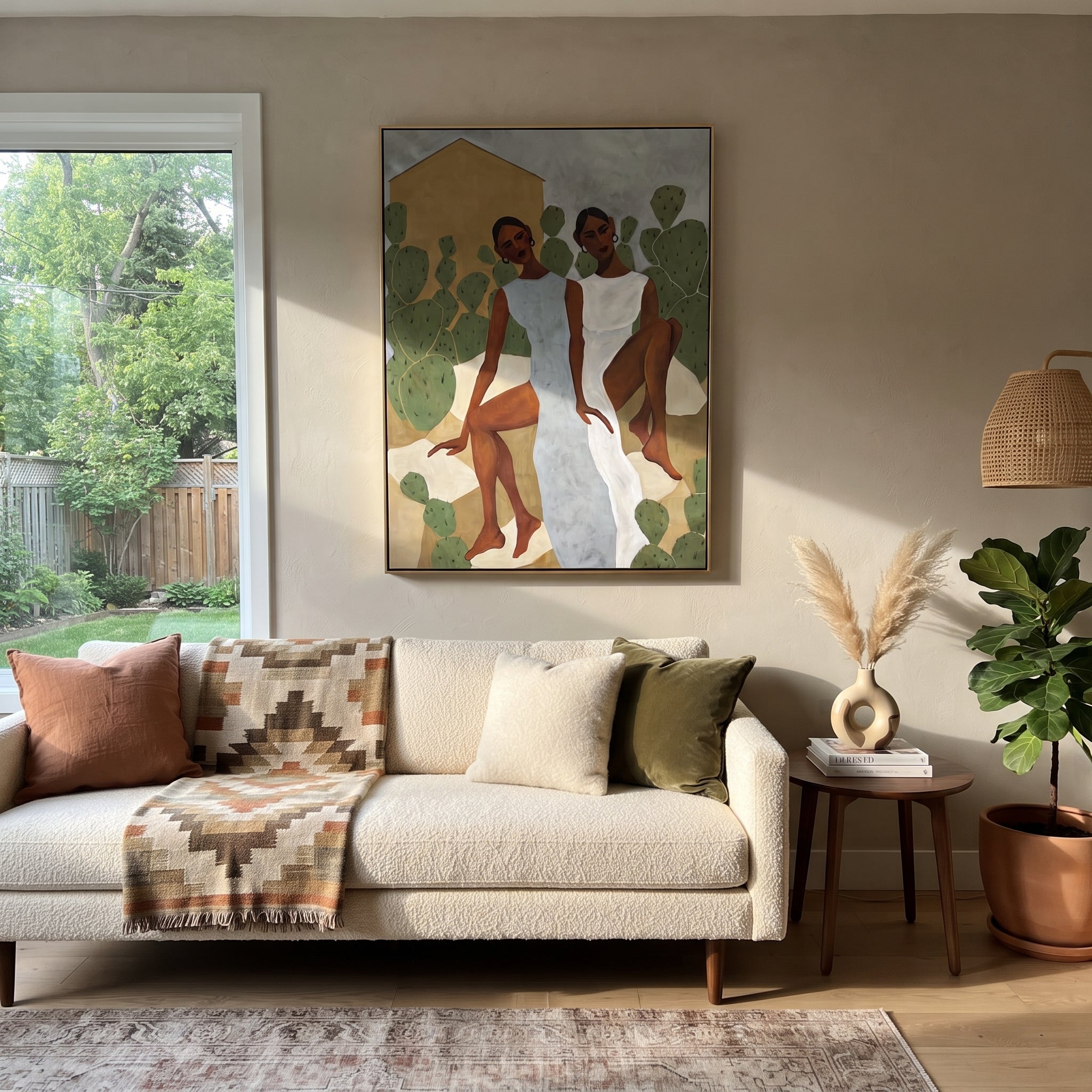 White Dresses Meet Cactus - cactus garden women painting by Elliot Vale, modern figurative vertical wall art - styled room scene view 3