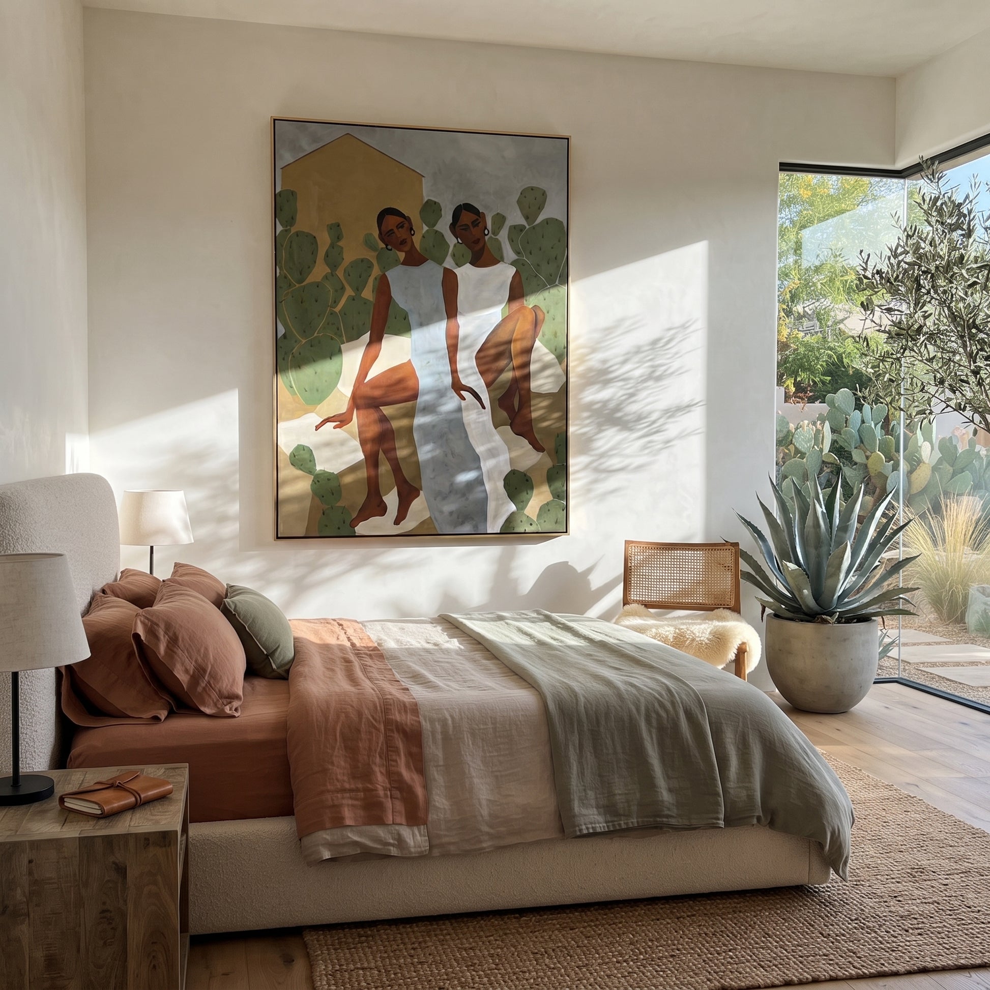 White Dresses Meet Cactus - cactus garden women painting by Elliot Vale, modern figurative vertical wall art - styled room scene view 4