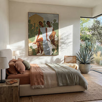 White Dresses Meet Cactus - cactus garden women painting by Elliot Vale, modern figurative vertical wall art - styled room scene view 4