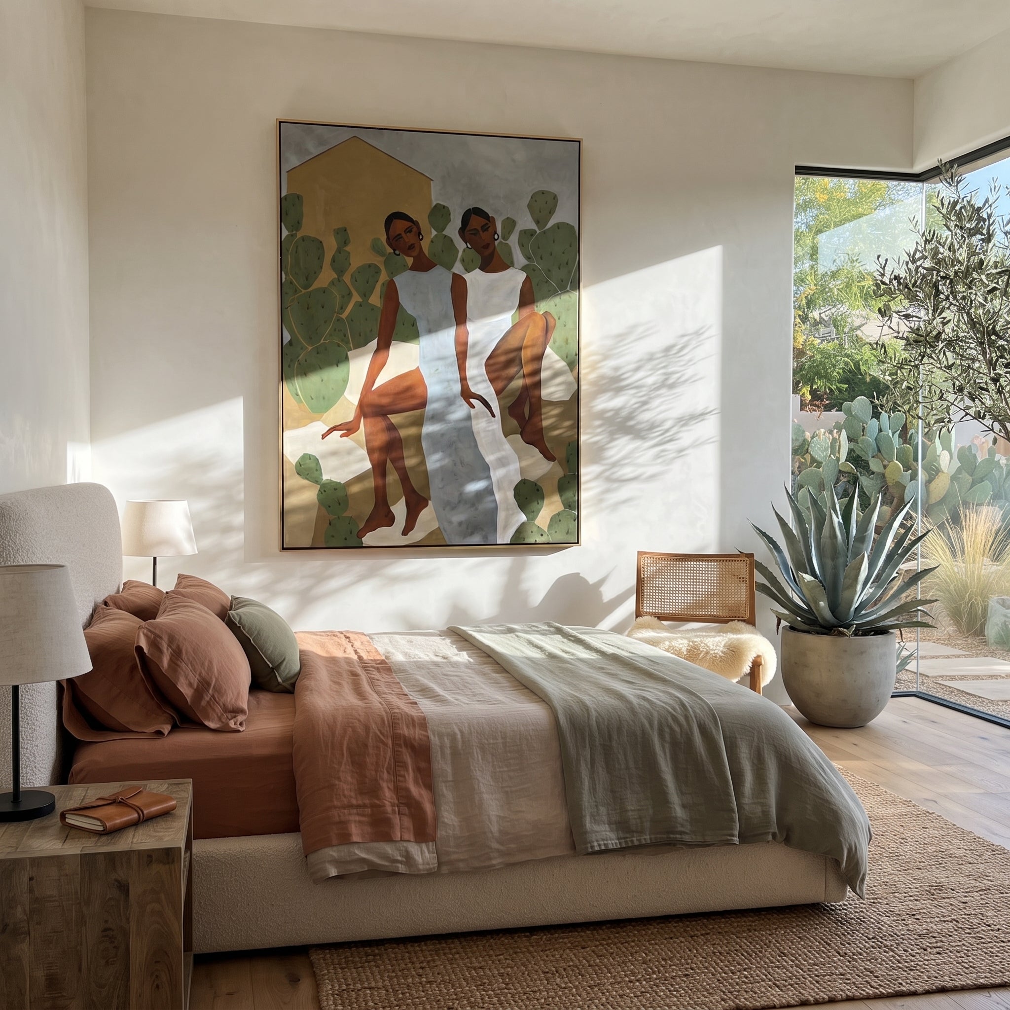 White Dresses Meet Cactus - cactus garden women painting by Elliot Vale, modern figurative vertical wall art - styled room scene view 4