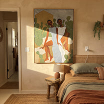 White Dresses Meet Cactus - cactus garden women painting by Elliot Vale, modern figurative vertical wall art - styled room scene view 5
