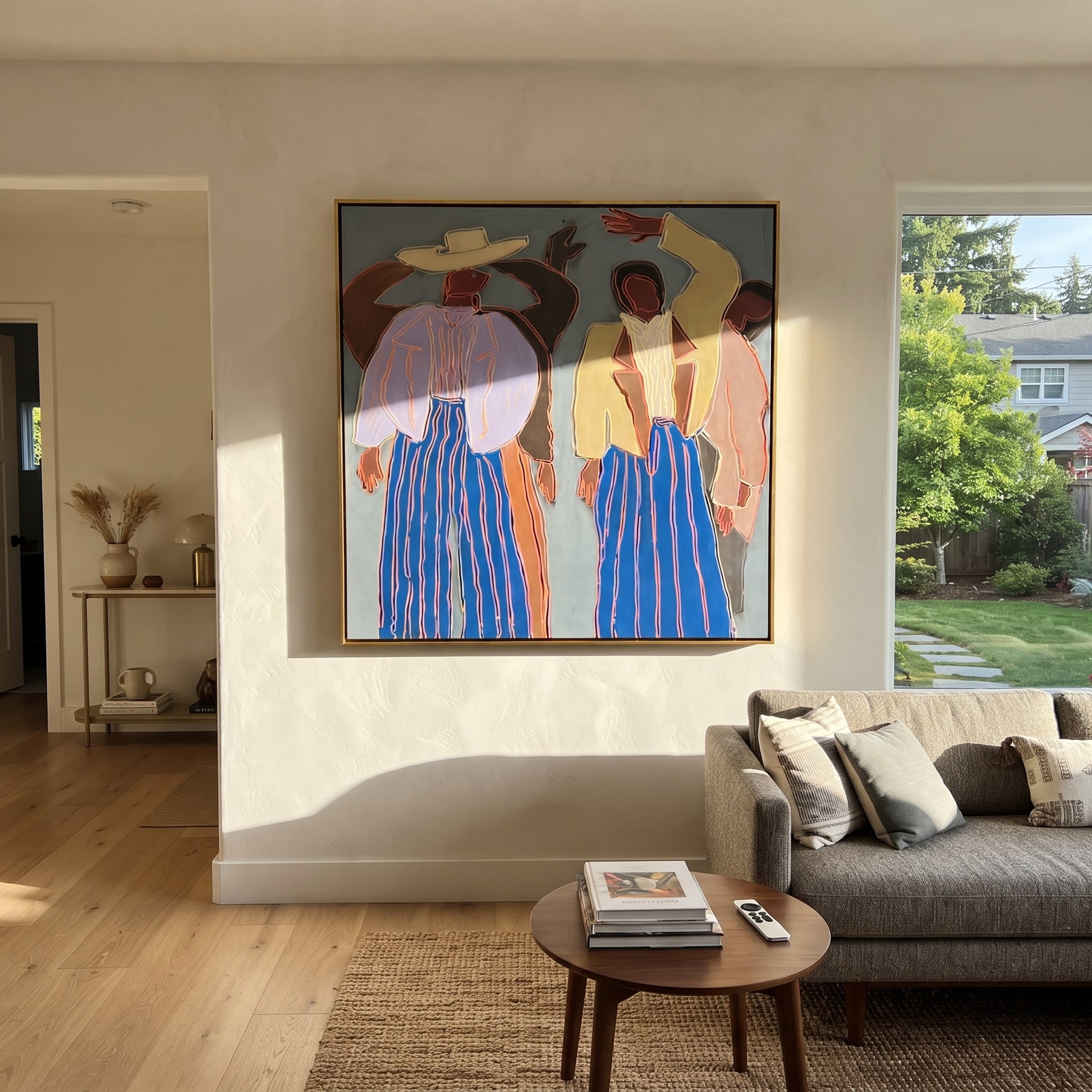 Raised Hands Break Blue - dancing figure pair painting by Elliot Vale, modern figurative square wall art - styled room scene view 1