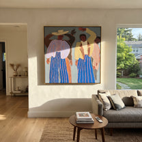 Raised Hands Break Blue - dancing figure pair painting by Elliot Vale, modern figurative square wall art - styled room scene view 1