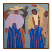 Raised Hands Break Blue - dancing figure pair painting by Elliot Vale, modern figurative square wall art - wood frame on white background