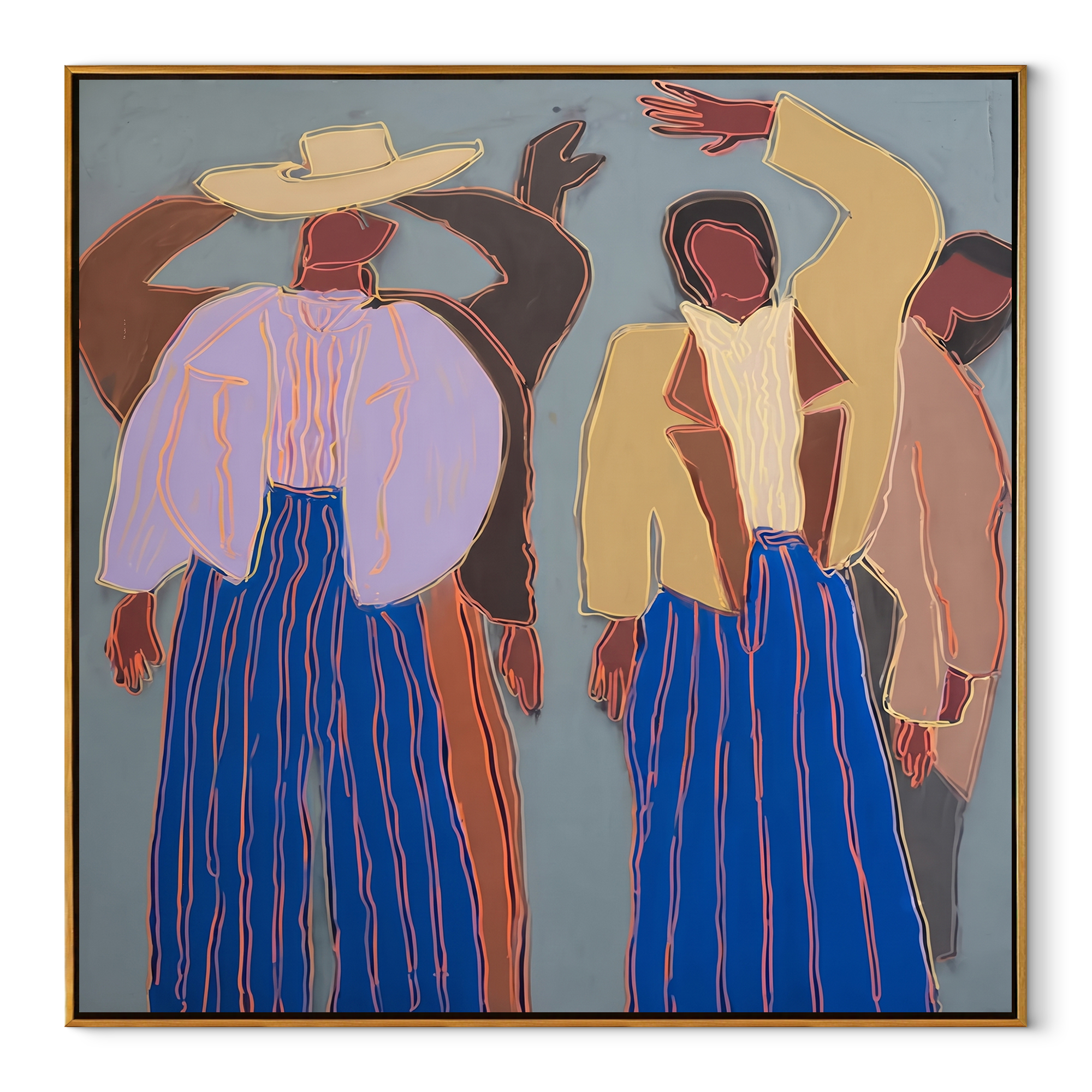 Raised Hands Break Blue - dancing figure pair painting by Elliot Vale, modern figurative square wall art - wood frame on white background