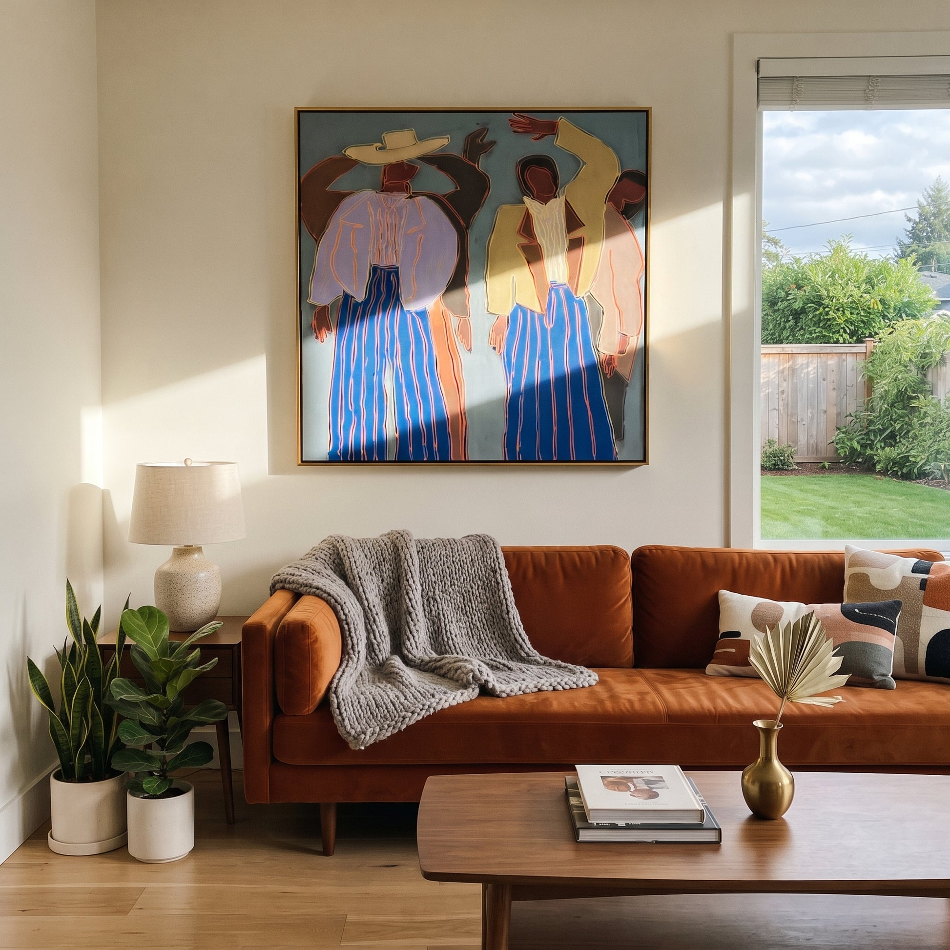 Raised Hands Break Blue - dancing figure pair painting by Elliot Vale, modern figurative square wall art - styled room scene view 2