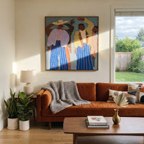 Raised Hands Break Blue - dancing figure pair painting by Elliot Vale, modern figurative square wall art - styled room scene view 2