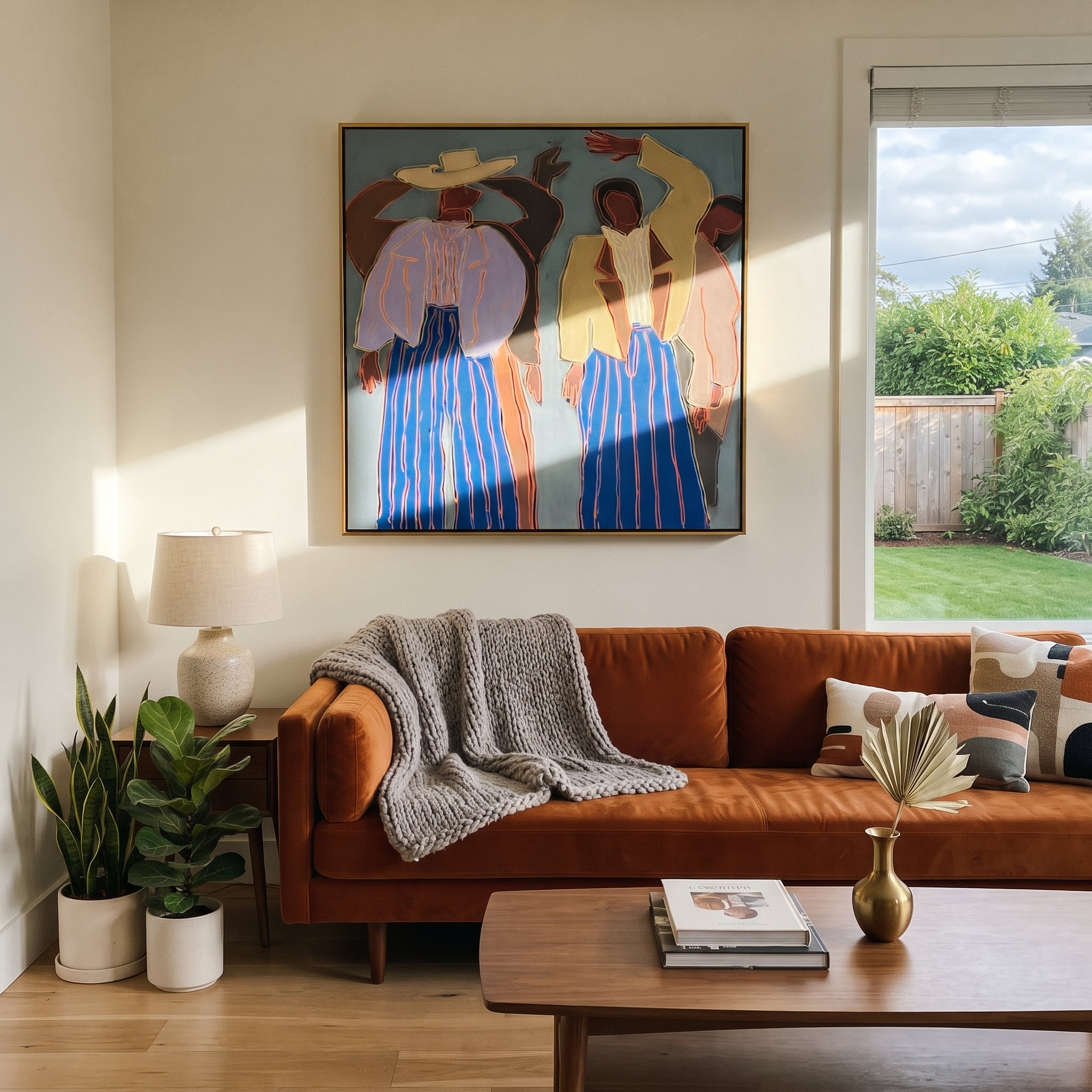 Raised Hands Break Blue - dancing figure pair painting by Elliot Vale, modern figurative square wall art - styled room scene view 2
