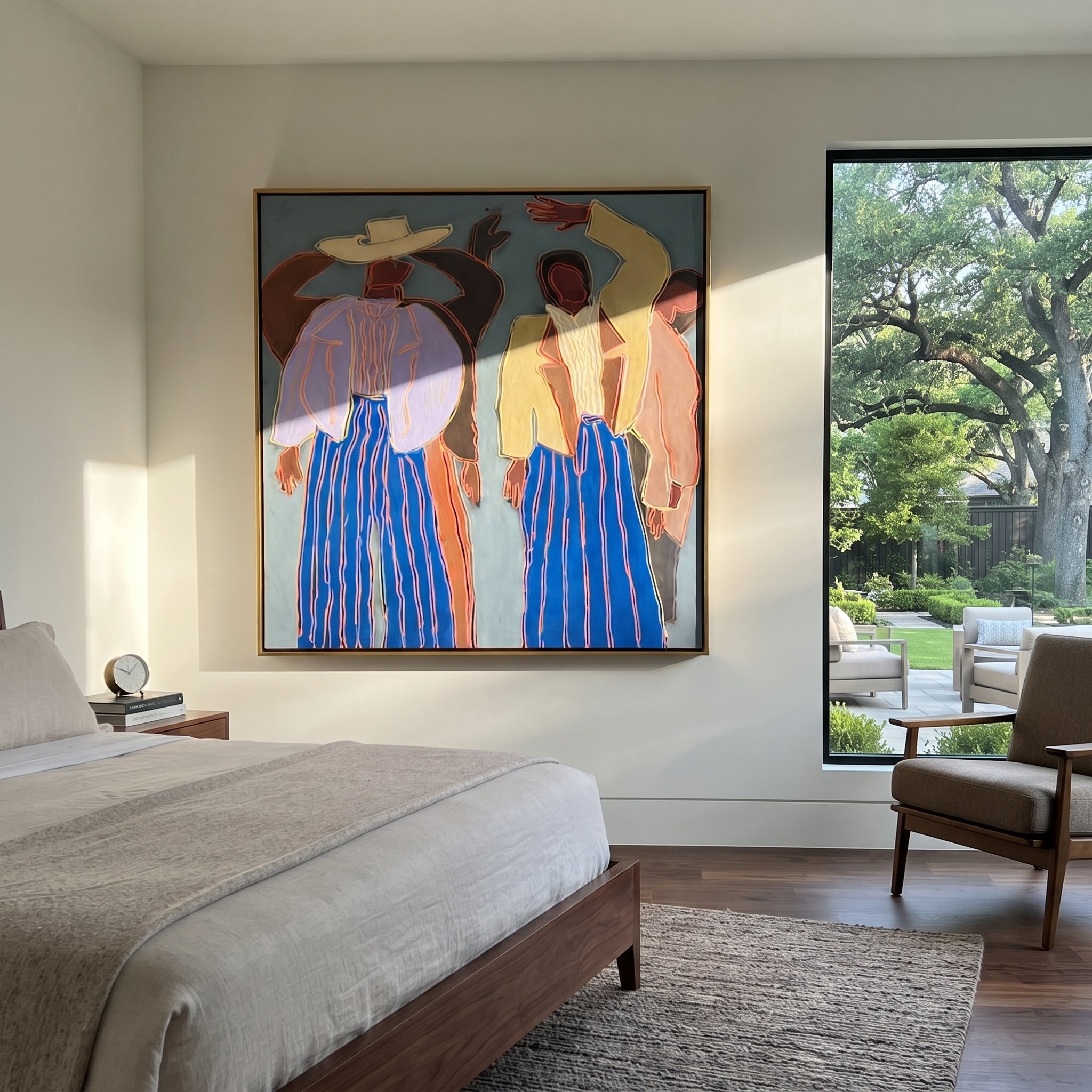 Raised Hands Break Blue - dancing figure pair painting by Elliot Vale, modern figurative square wall art - styled room scene view 3