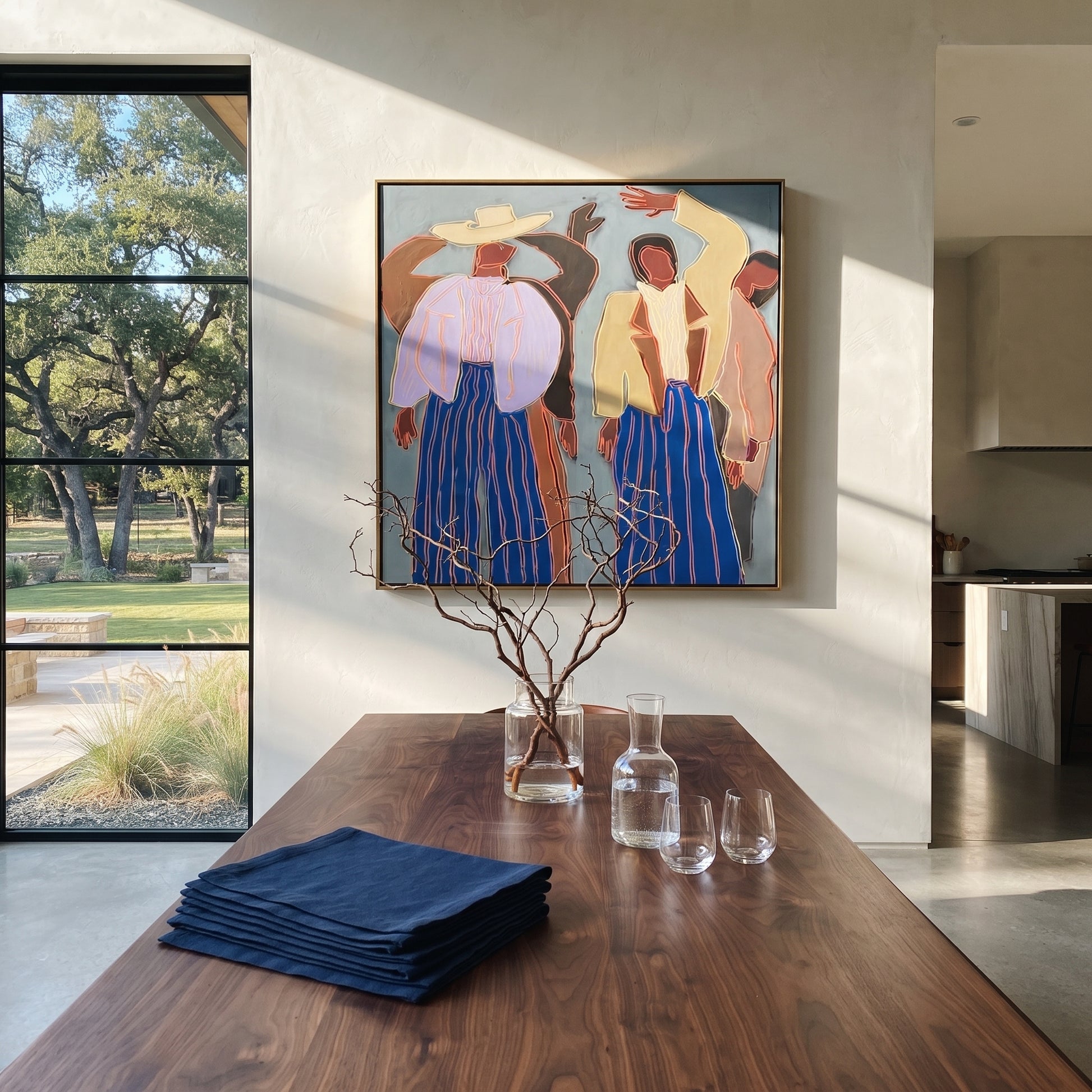 Raised Hands Break Blue - dancing figure pair painting by Elliot Vale, modern figurative square wall art - styled room scene view 4