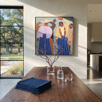 Raised Hands Break Blue - dancing figure pair painting by Elliot Vale, modern figurative square wall art - styled room scene view 4