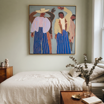 Raised Hands Break Blue - dancing figure pair painting by Elliot Vale, modern figurative square wall art - styled room scene view 5