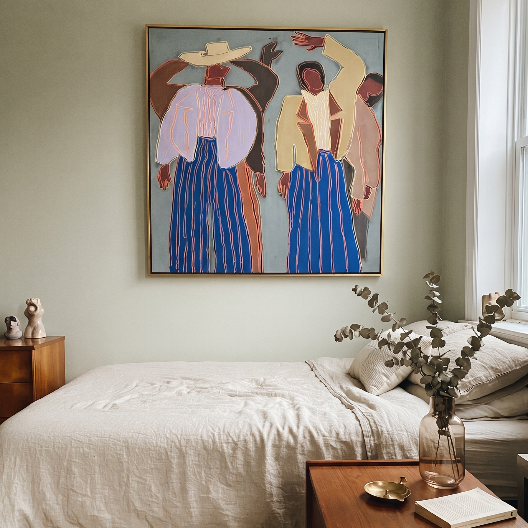 Raised Hands Break Blue - dancing figure pair painting by Elliot Vale, modern figurative square wall art - styled room scene view 5