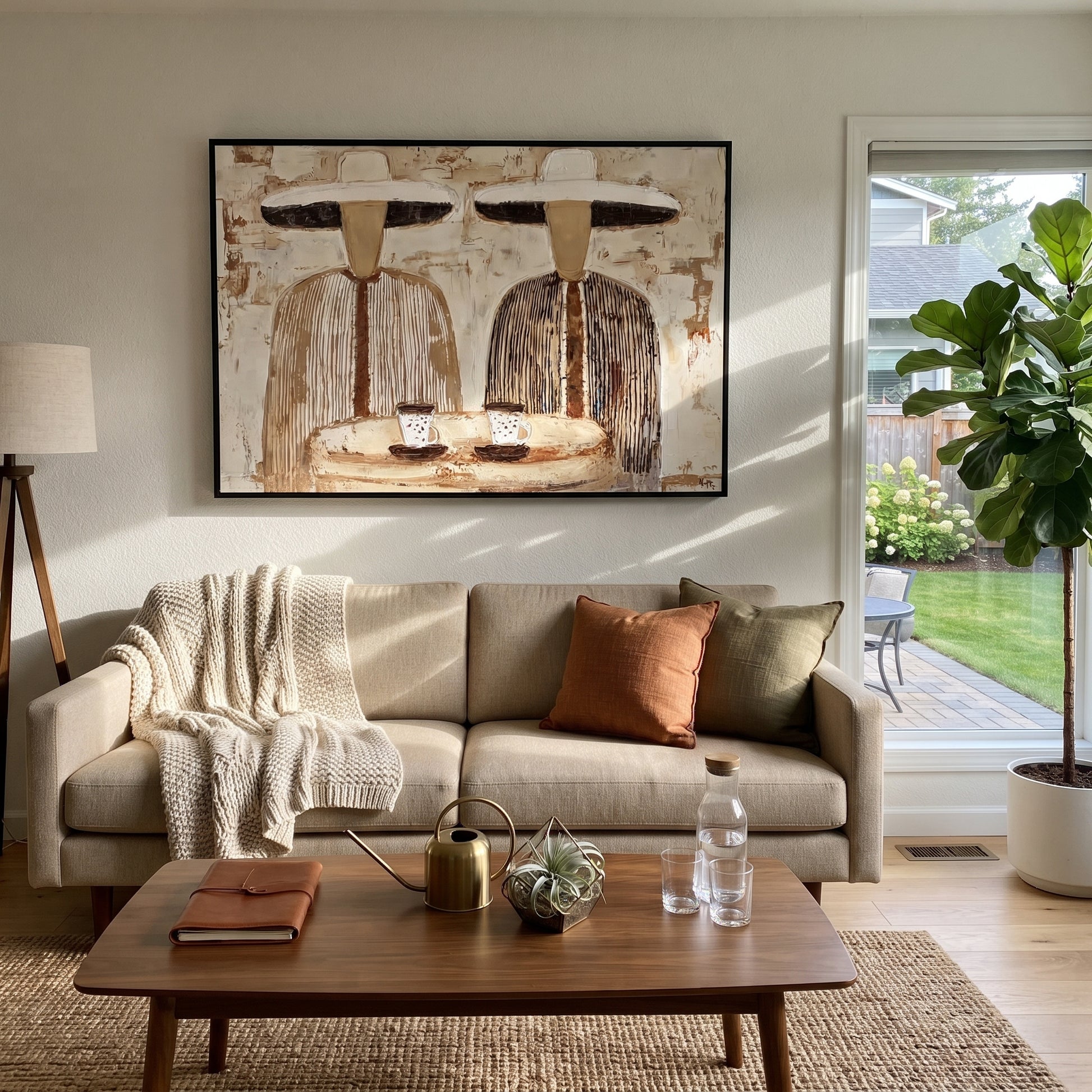 White Hats Share Coffee - striped coffee pair painting by Elliot Vale, modern figurative horizontal wall art - styled room scene view 1