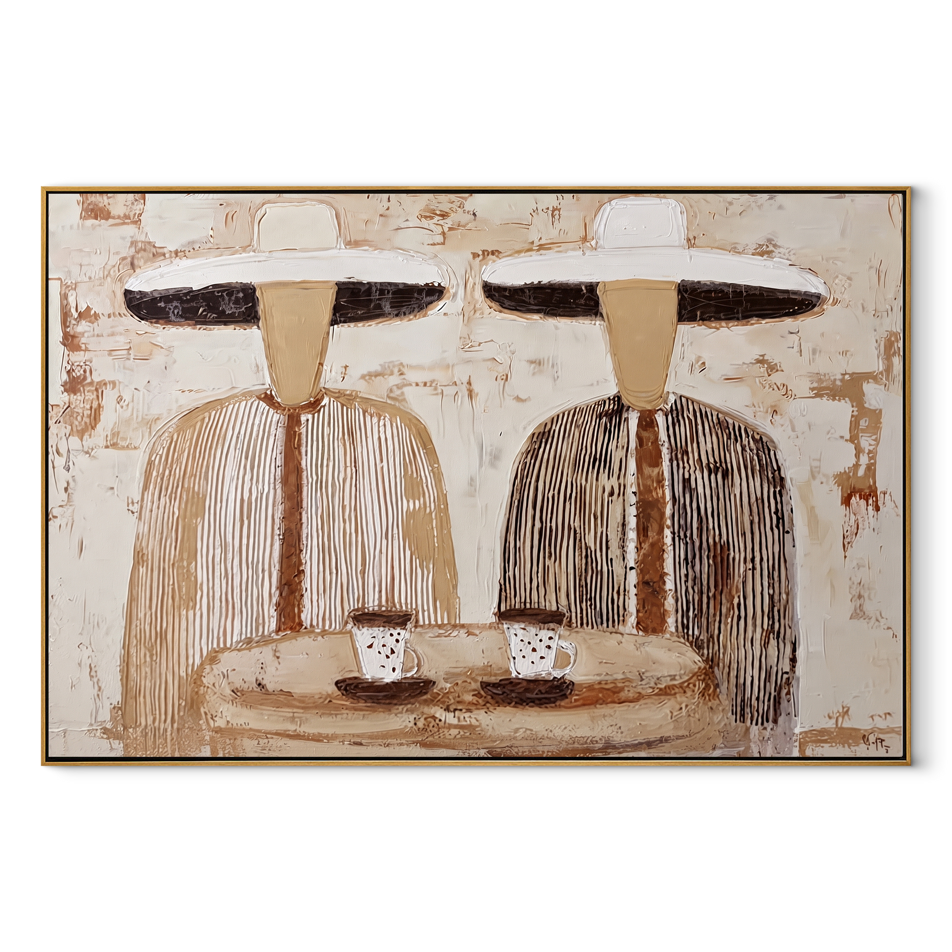 White Hats Share Coffee - striped coffee pair painting by Elliot Vale, modern figurative horizontal wall art - wood frame on white background