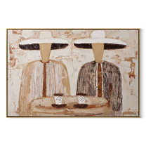 White Hats Share Coffee - striped coffee pair painting by Elliot Vale, modern figurative horizontal wall art - wood frame on white background